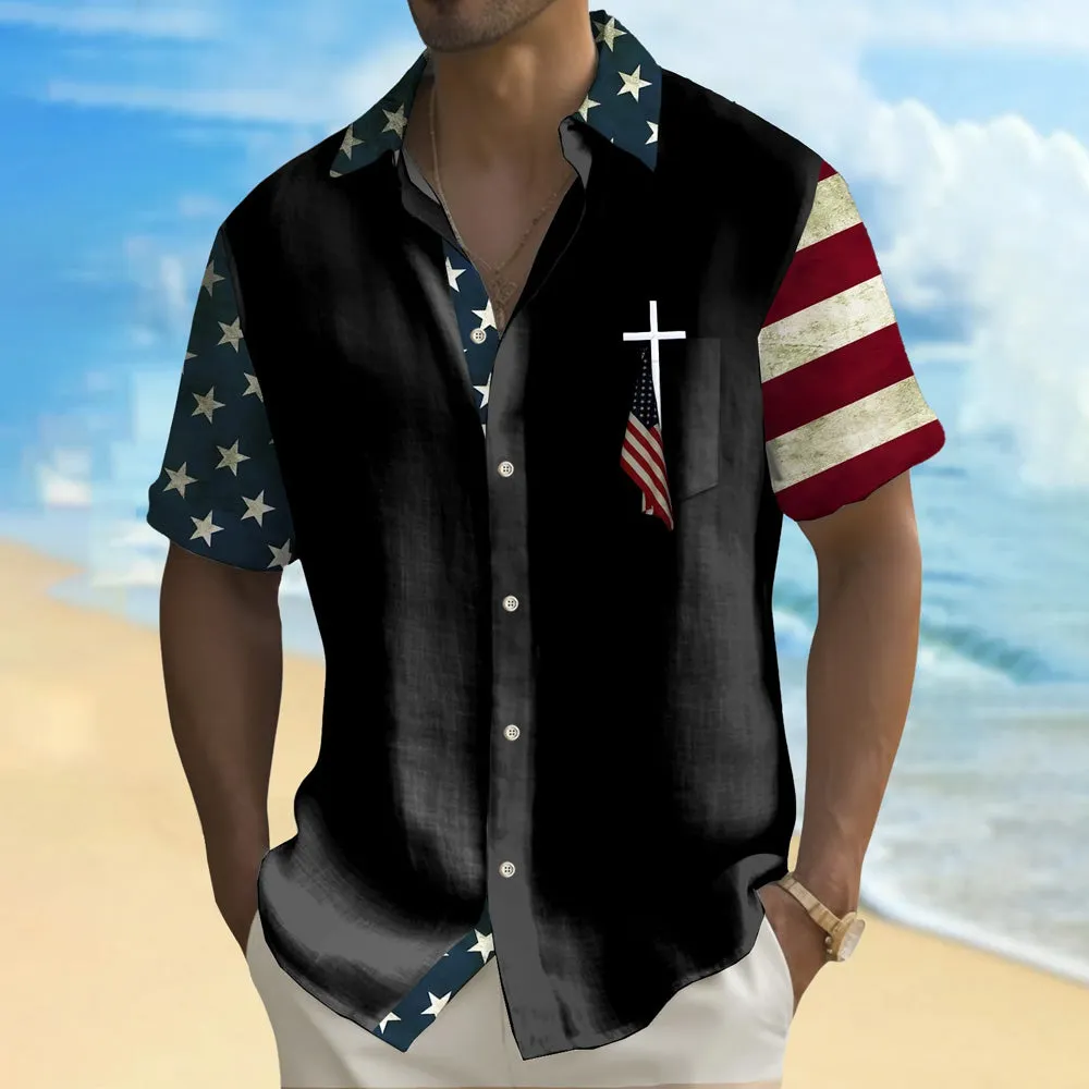 Flag Cross Print Oversized Short Sleeve Shirt
