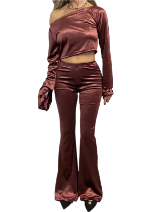Flares & Frill Cuff Top Co-Ord in Wine Velvet