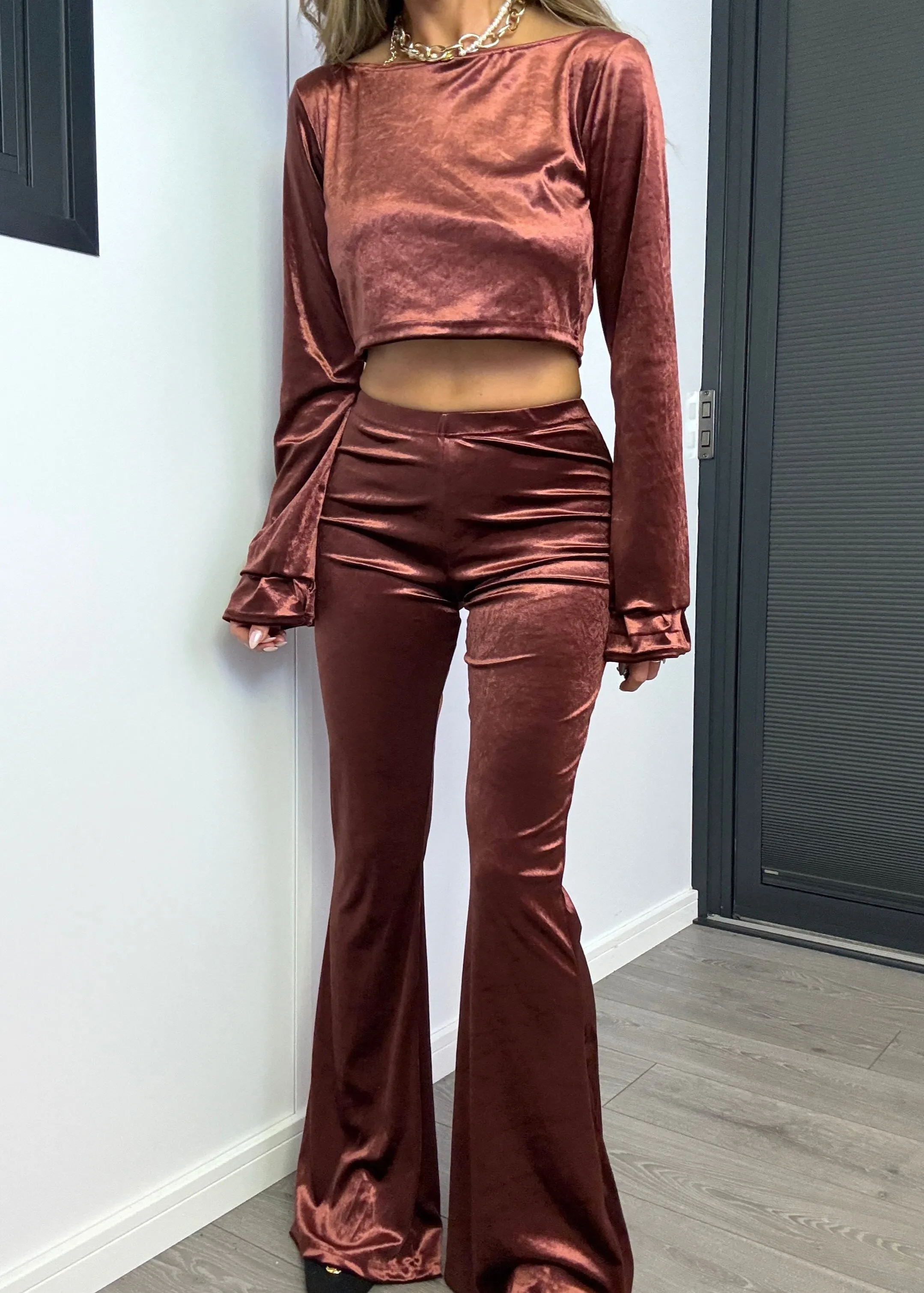 Flares & Frill Cuff Top Co-Ord in Wine Velvet