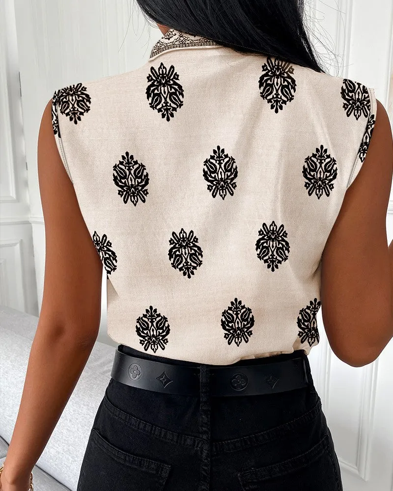 Floral Print V Neck Sleeveless Tank Top Casual Slim Fit Blouse