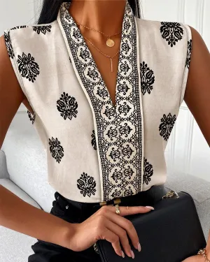 Floral Print V Neck Sleeveless Tank Top Casual Slim Fit Blouse