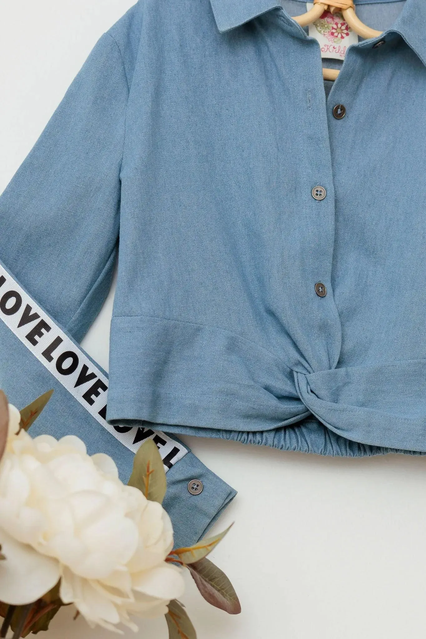 Girls Denim Button Up Twisted Hem Love Detail Crop Shirt