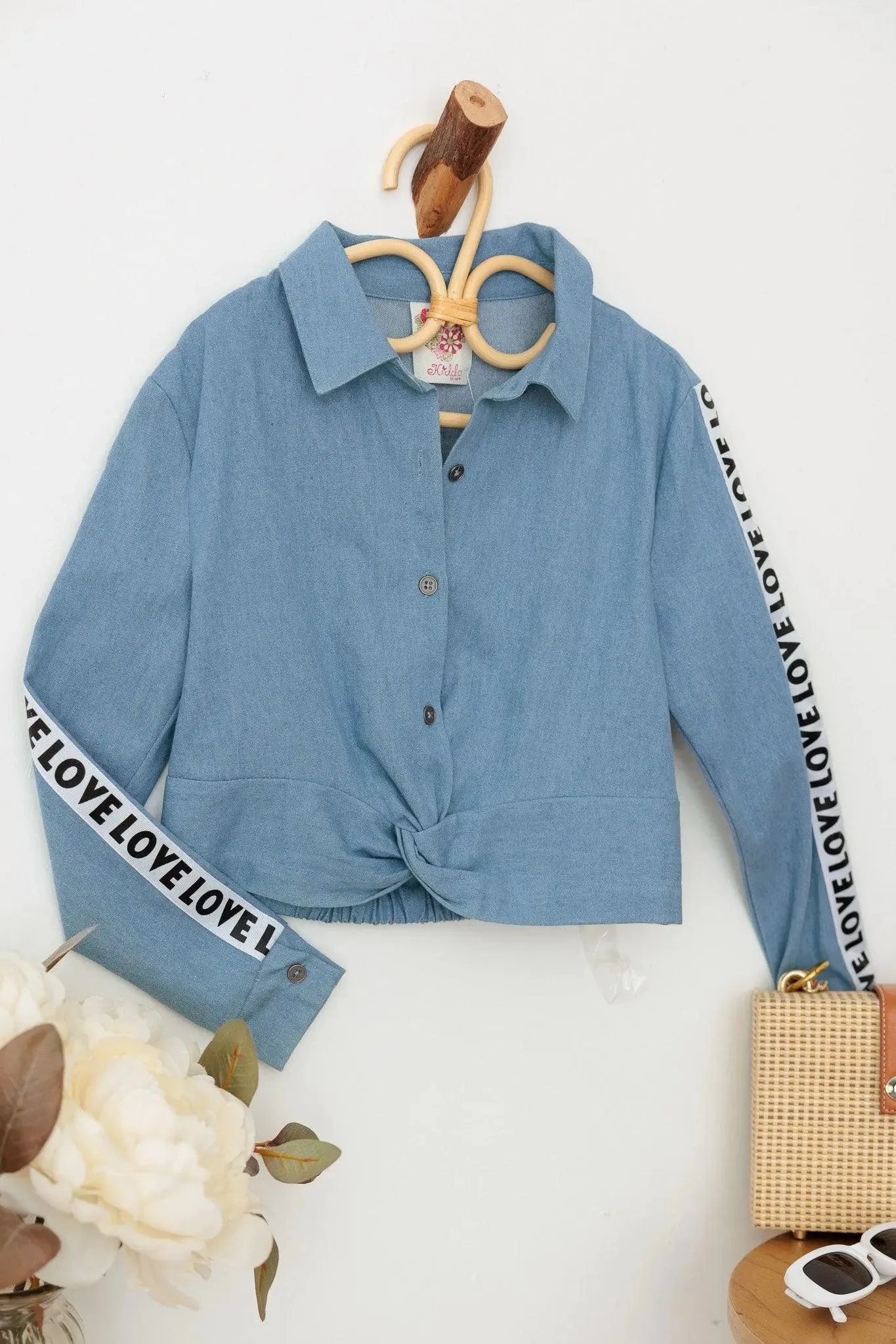 Girls Denim Button Up Twisted Hem Love Detail Crop Shirt