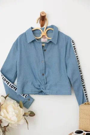 Girls Denim Button Up Twisted Hem Love Detail Crop Shirt