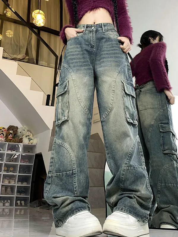 Hip Hop Multi Pockets Splice Cargo Jeans