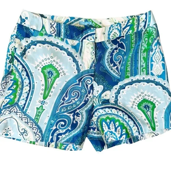 J. McLAUGHLIN Silk Blue Moroccan Paisley Print Shorts Size 10 in Blue and Green