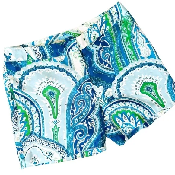 J. McLAUGHLIN Silk Blue Moroccan Paisley Print Shorts Size 10 in Blue and Green