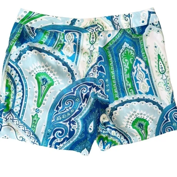 J. McLAUGHLIN Silk Blue Moroccan Paisley Print Shorts Size 10 in Blue and Green