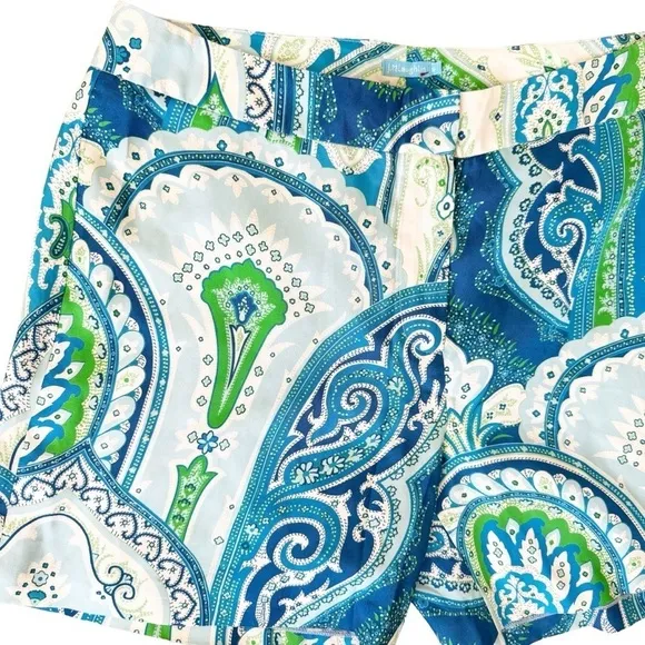 J. McLAUGHLIN Silk Blue Moroccan Paisley Print Shorts Size 10 in Blue and Green