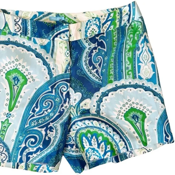J. McLAUGHLIN Silk Blue Moroccan Paisley Print Shorts Size 10 in Blue and Green
