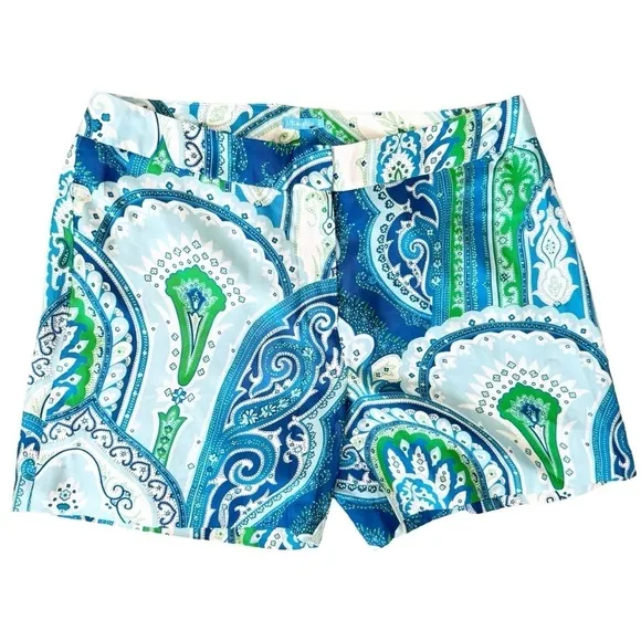 J. McLAUGHLIN Silk Blue Moroccan Paisley Print Shorts Size 10 in Blue and Green