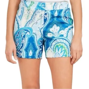 J. McLAUGHLIN Silk Blue Moroccan Paisley Print Shorts Size 10 in Blue and Green