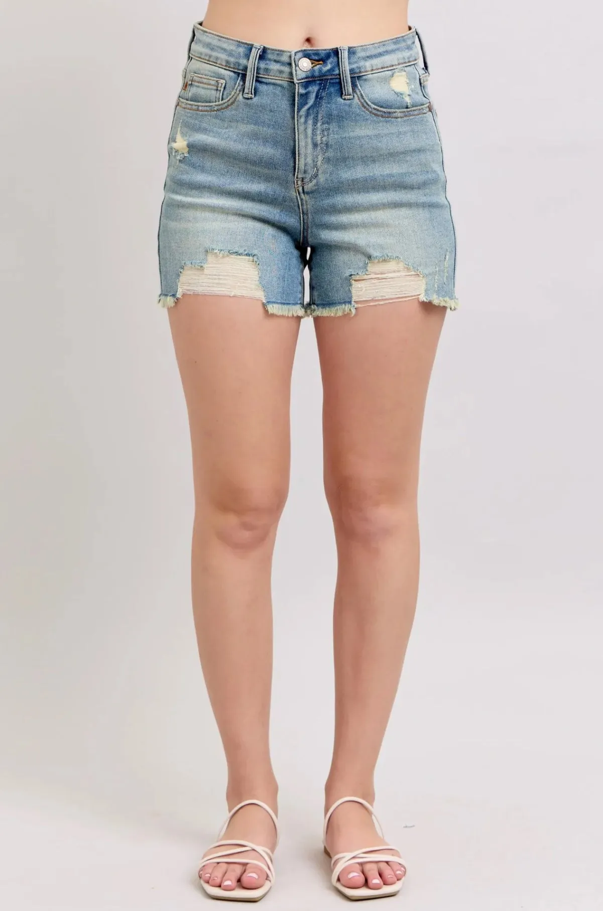 JUDY BLUE HIGH WAIST FLY VINTAGE WASH STITCH DESTROY DENIM SHORTS