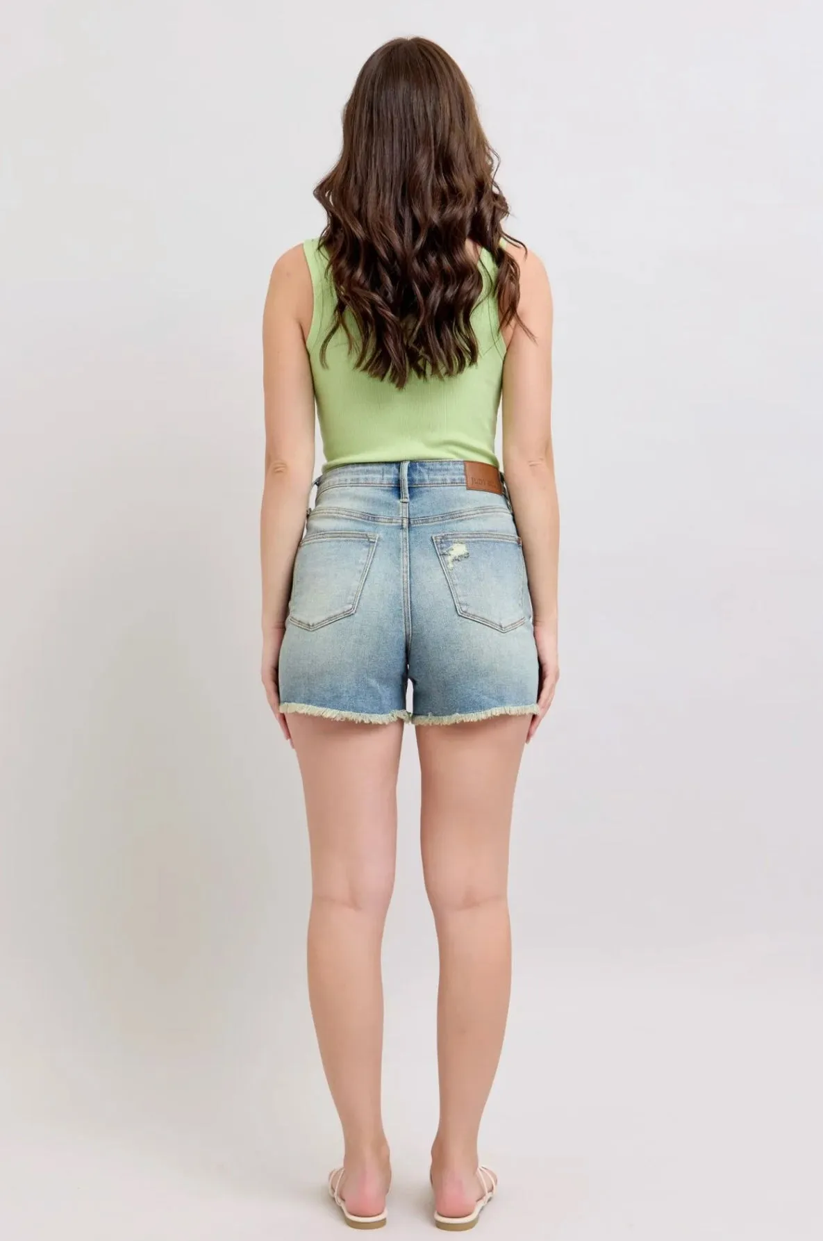 JUDY BLUE HIGH WAIST FLY VINTAGE WASH STITCH DESTROY DENIM SHORTS