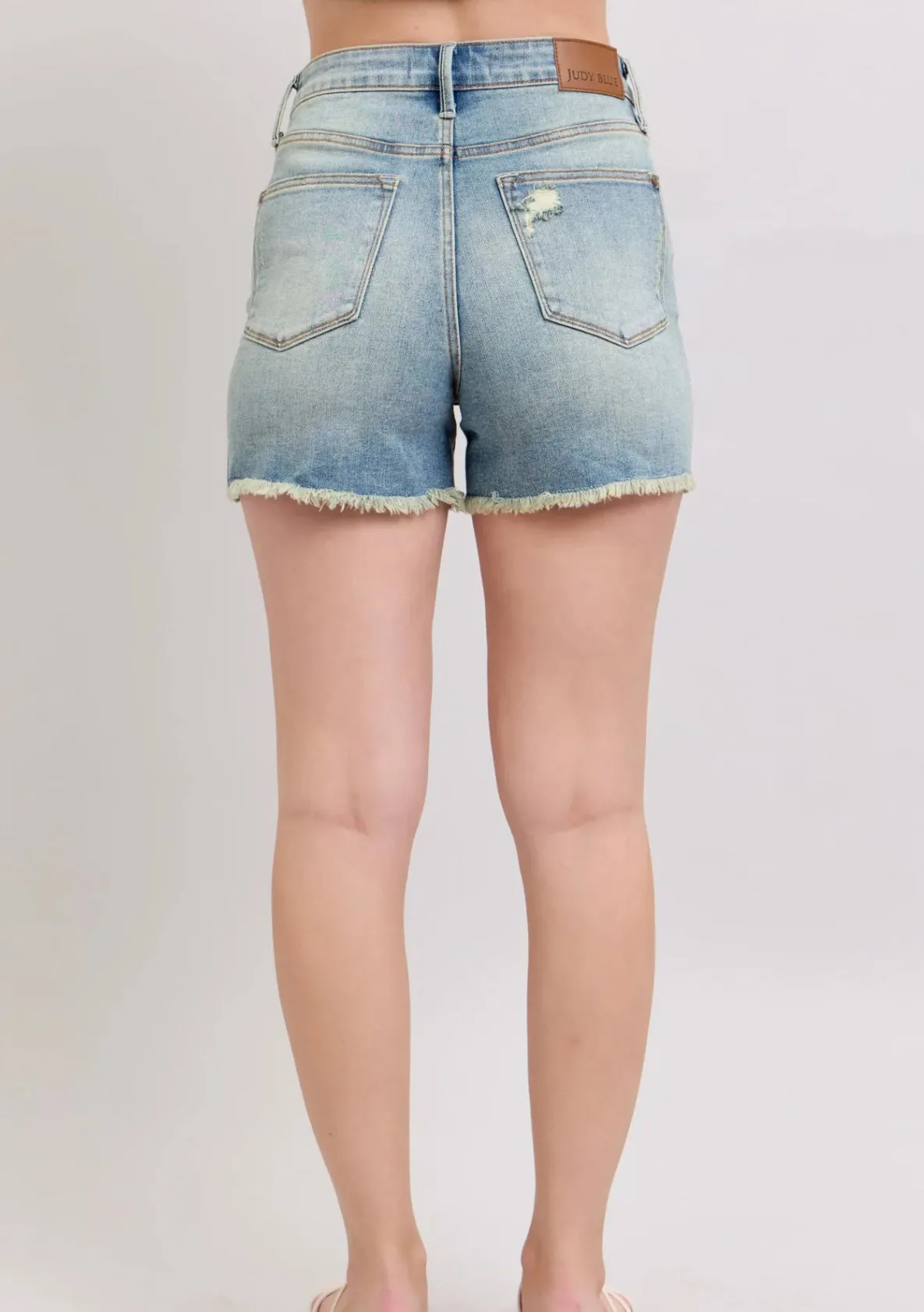 JUDY BLUE HIGH WAIST FLY VINTAGE WASH STITCH DESTROY DENIM SHORTS