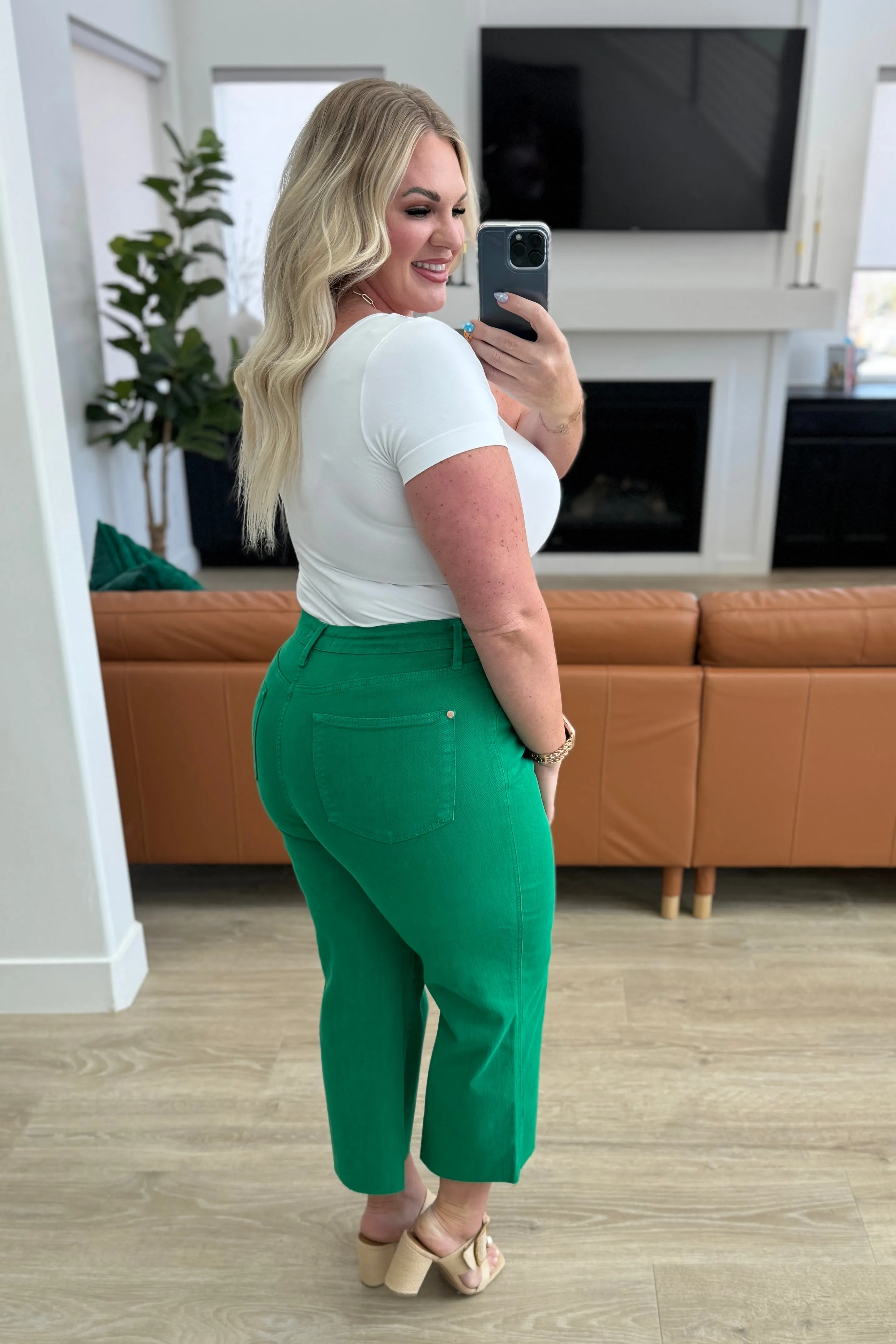 Kelly Green Tummy Control Wide Leg Crop Judy Blue Jeans