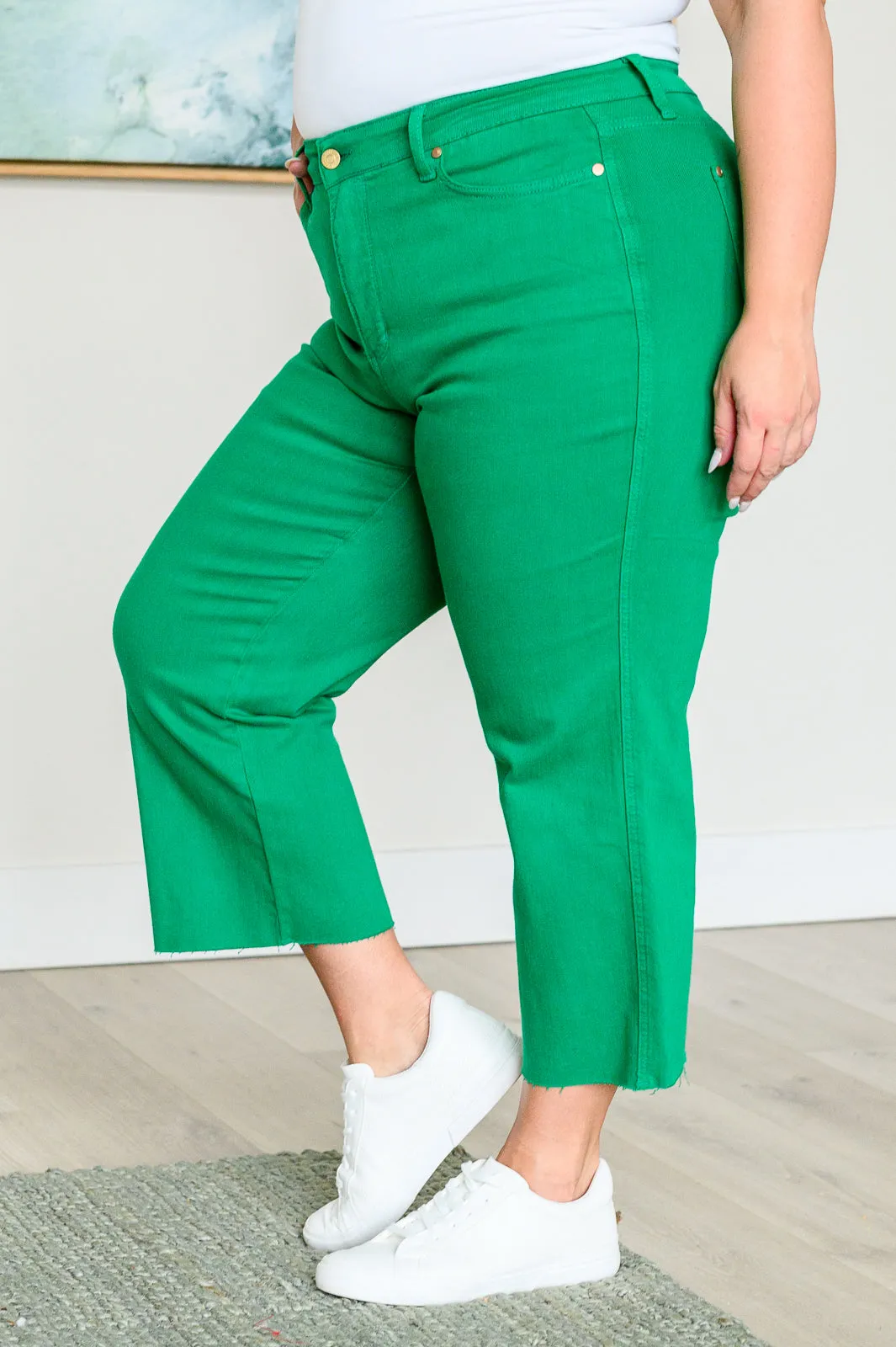 Kelly Green Tummy Control Wide Leg Crop Judy Blue Jeans