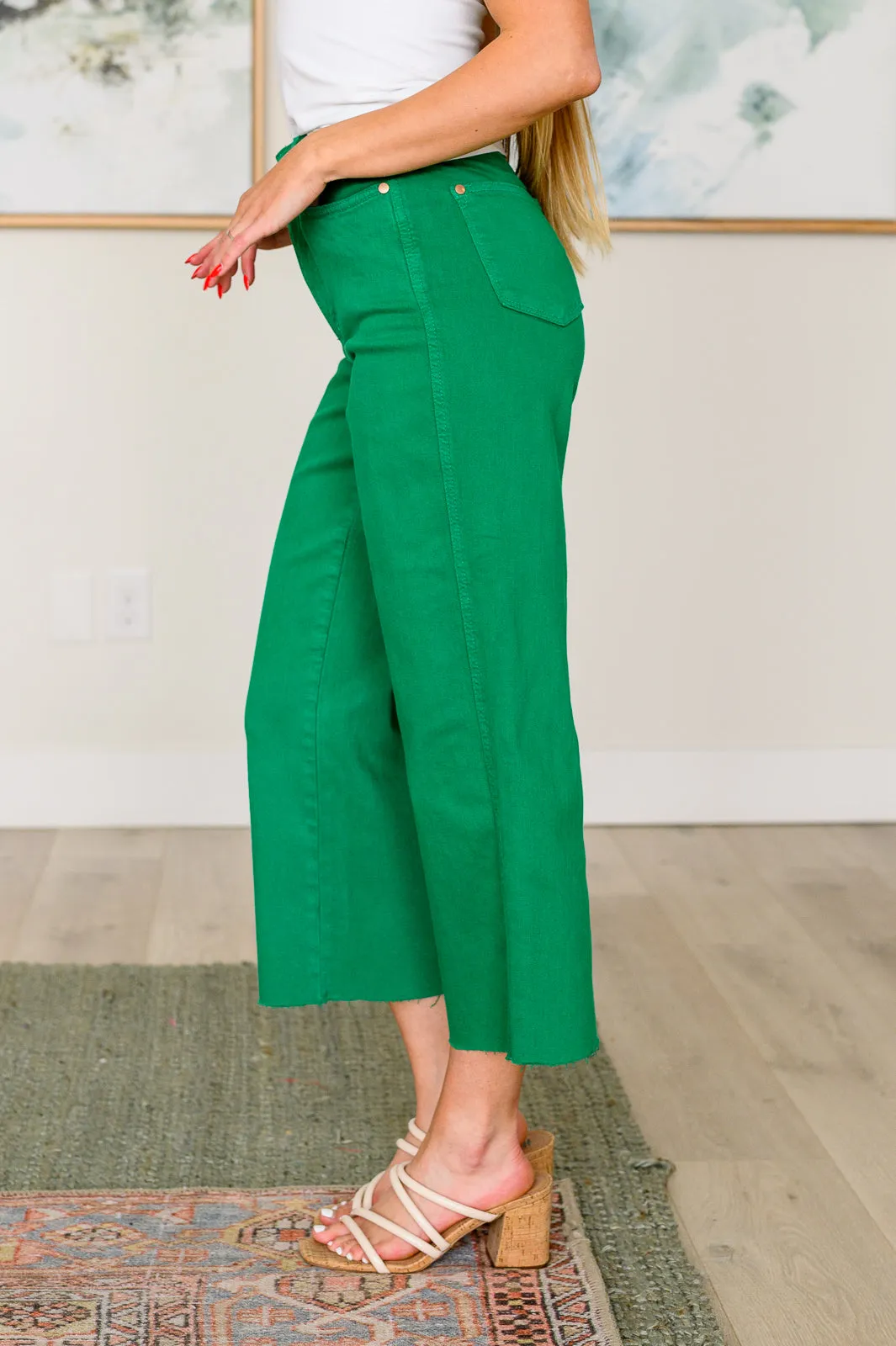 Kelly Green Tummy Control Wide Leg Crop Judy Blue Jeans