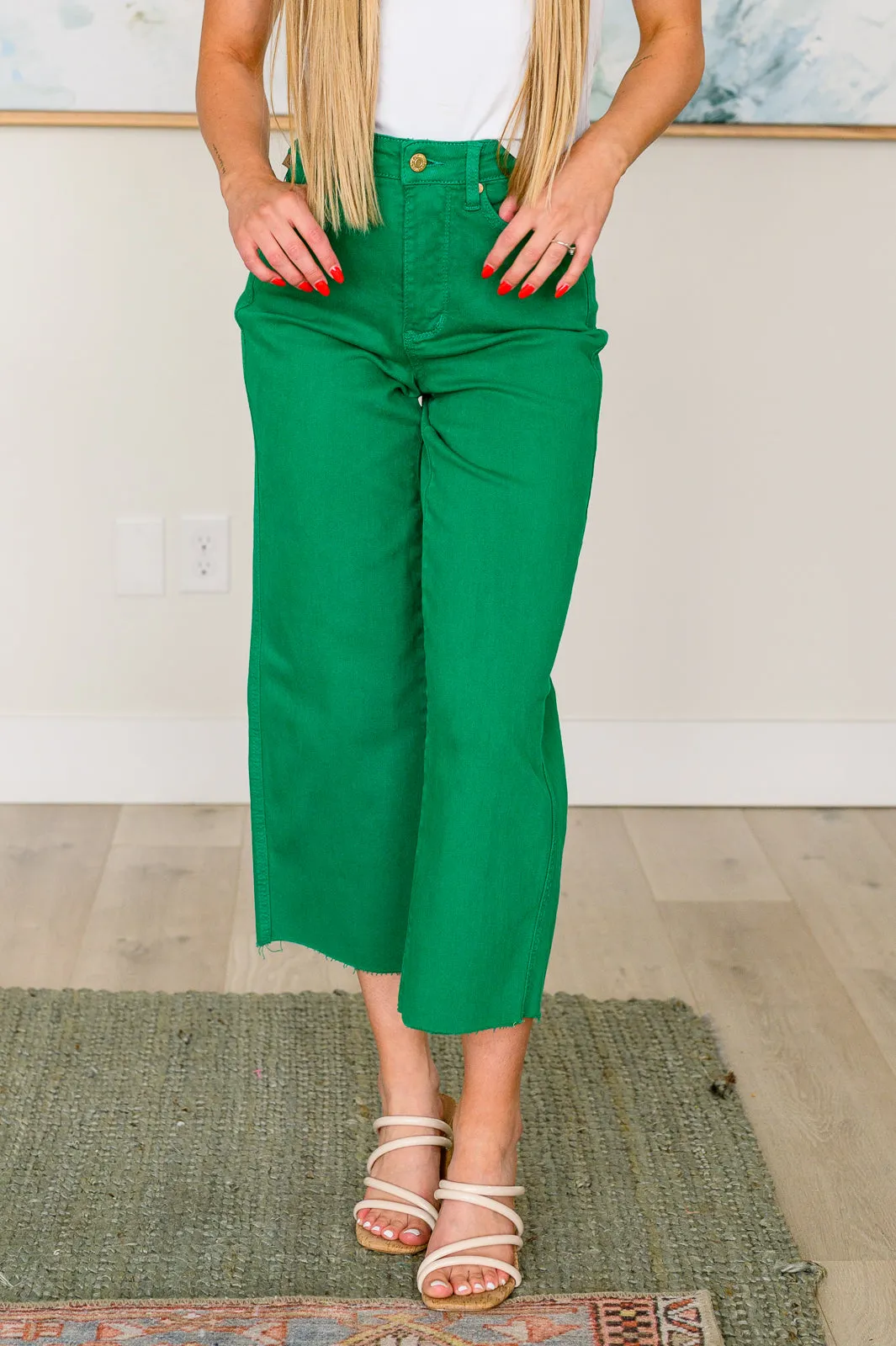 Kelly Green Tummy Control Wide Leg Crop Judy Blue Jeans