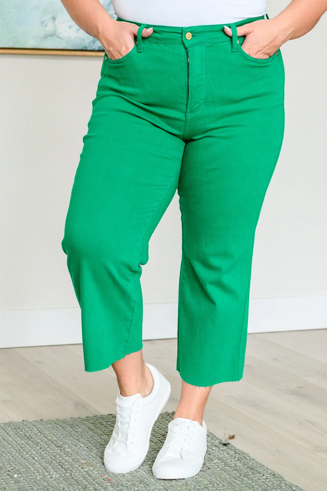 Kelly Green Tummy Control Wide Leg Crop Judy Blue Jeans