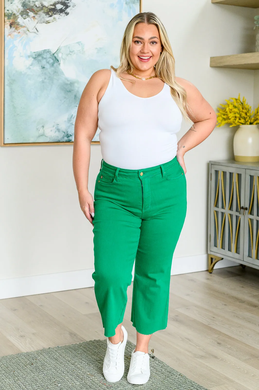 Kelly Green Tummy Control Wide Leg Crop Judy Blue Jeans