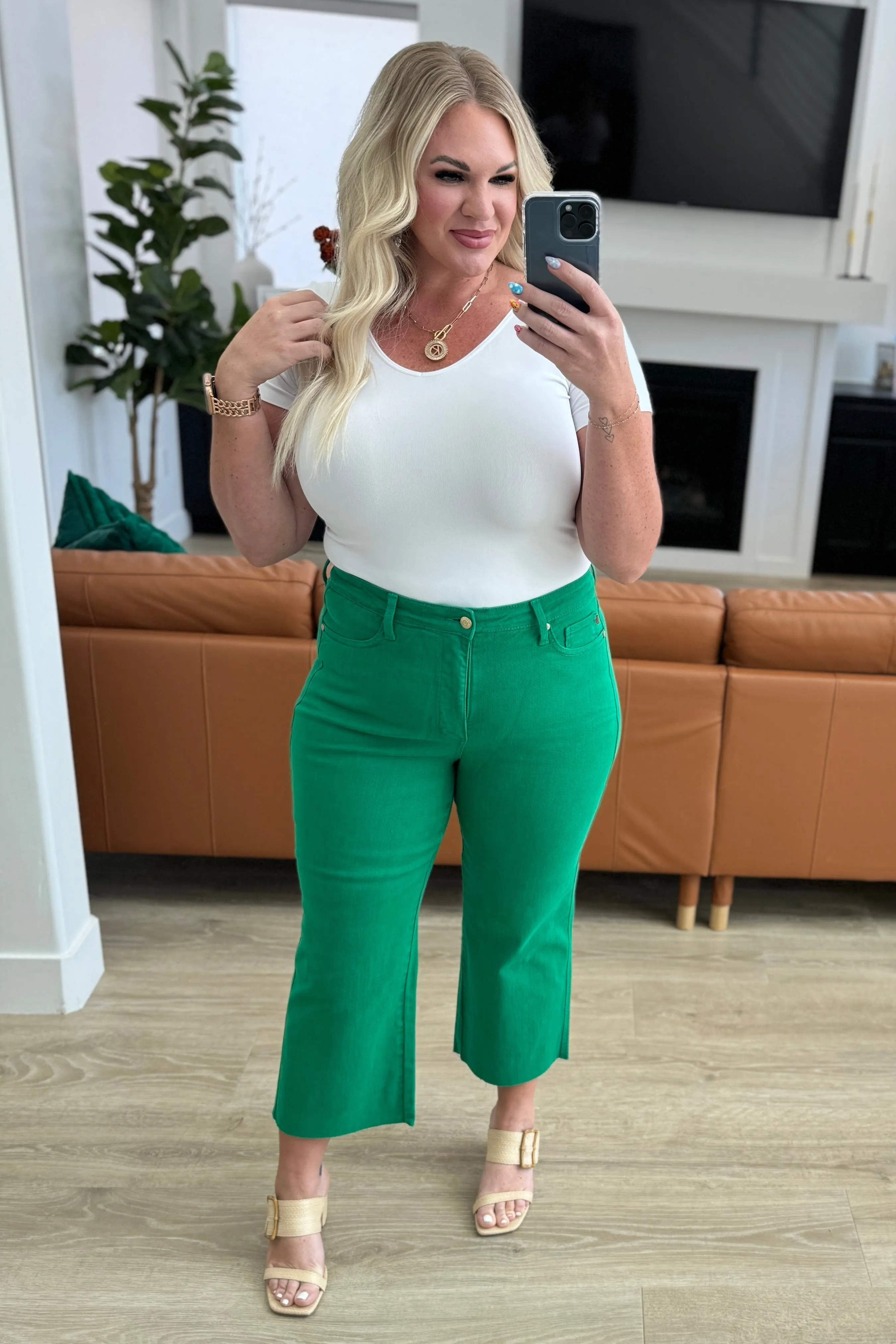 Kelly Green Tummy Control Wide Leg Crop Judy Blue Jeans