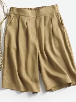 Khaki Elasticated Pleated Shorts