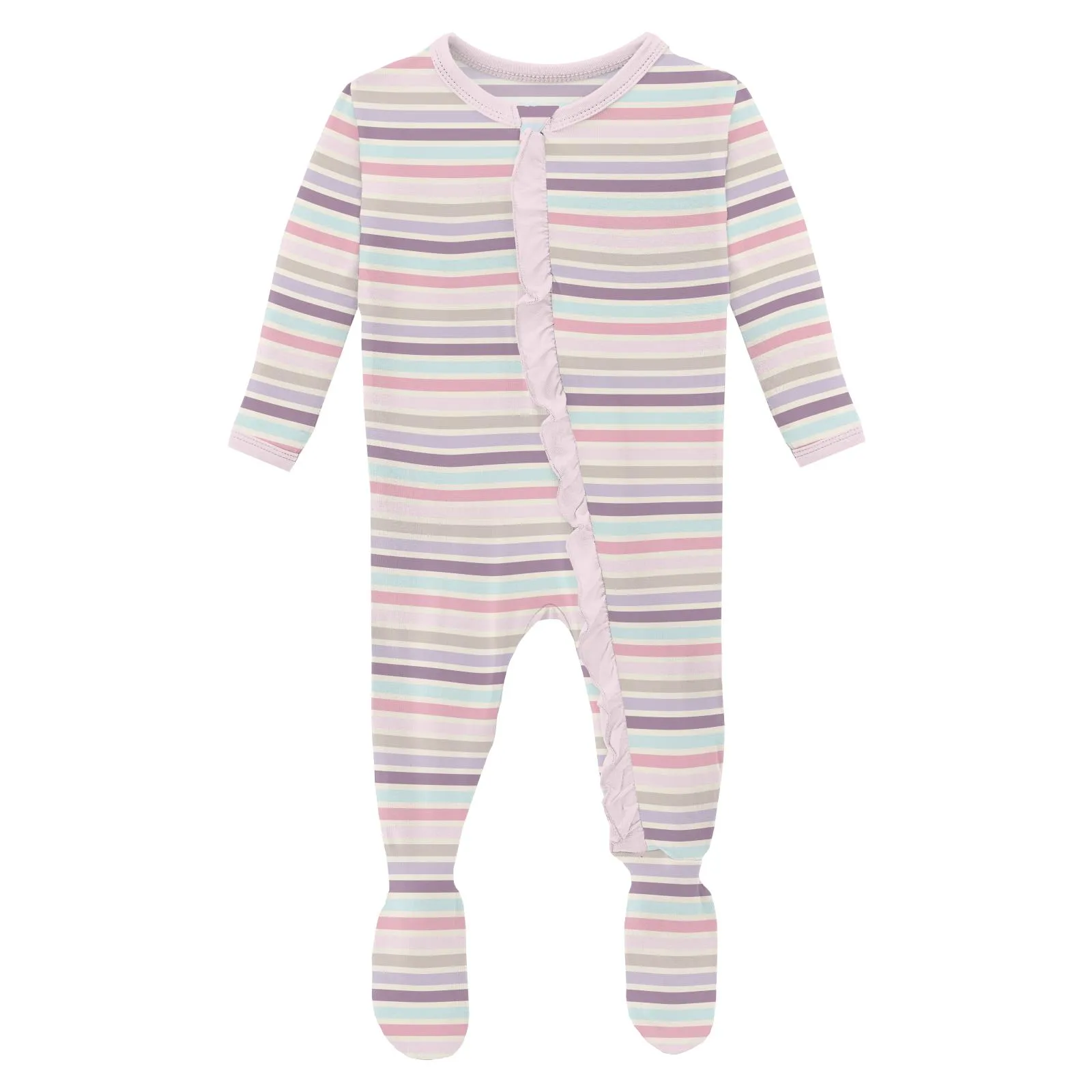 Kickee Pants Print Classic Ruffle Footie with 2 Way Zipper- Ice Cream Stripe