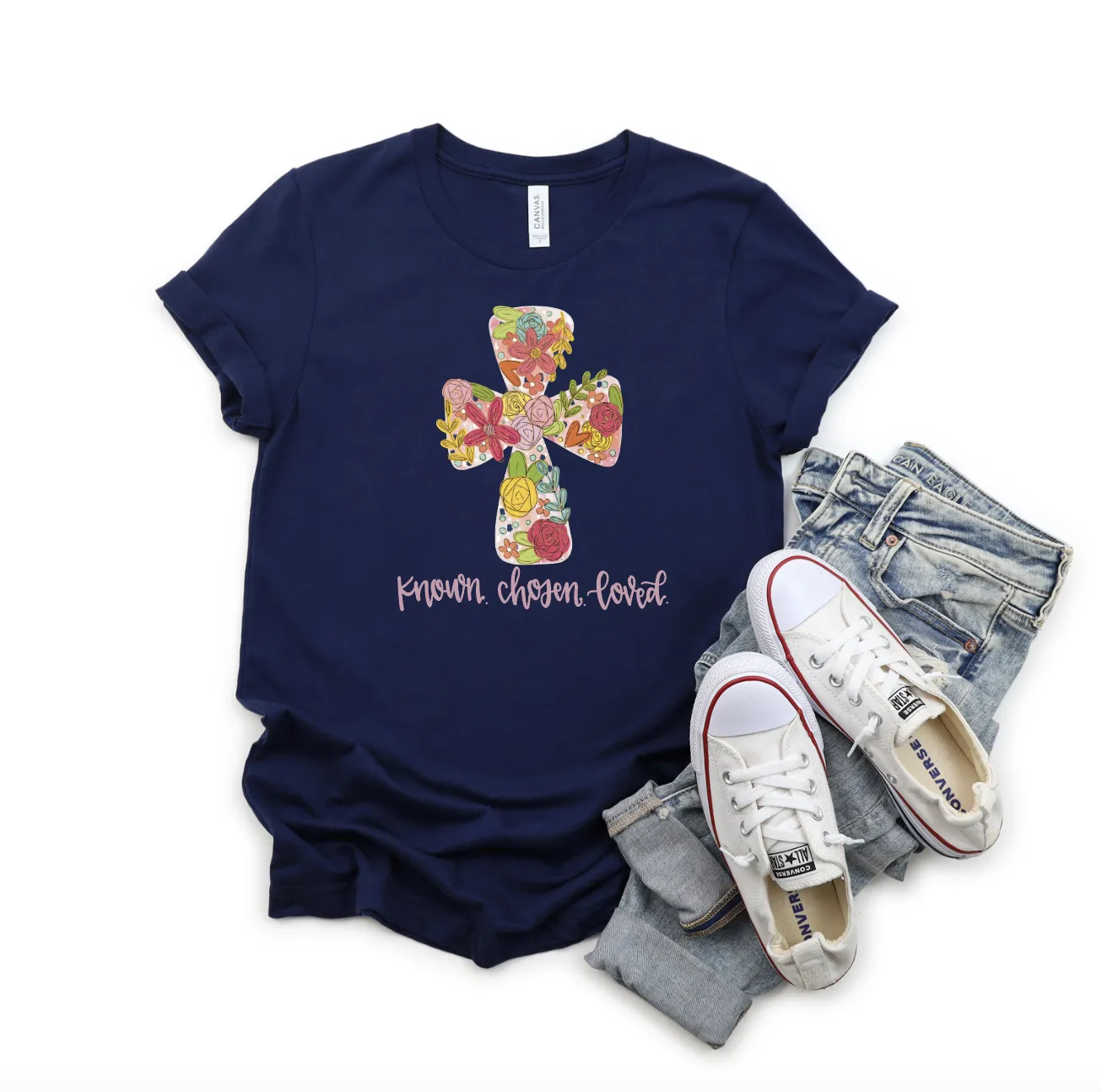 Known Chosen Loved Floral Cross Tee
