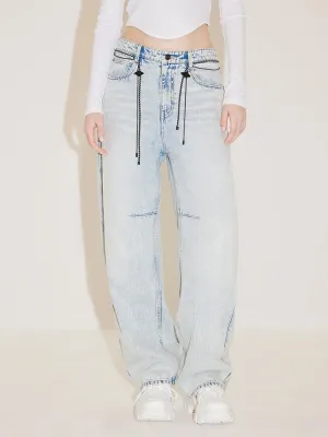 Light Blue Wash Loose Fit Jeans With Waist Chain