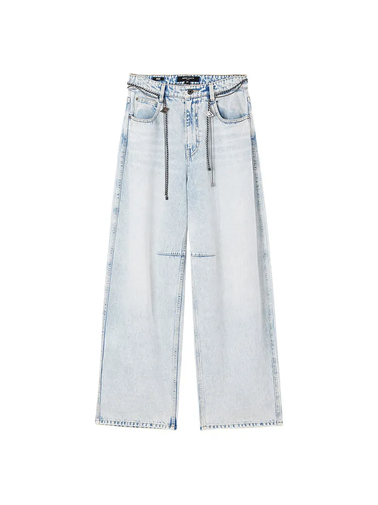 Light Blue Wash Loose Fit Jeans With Waist Chain
