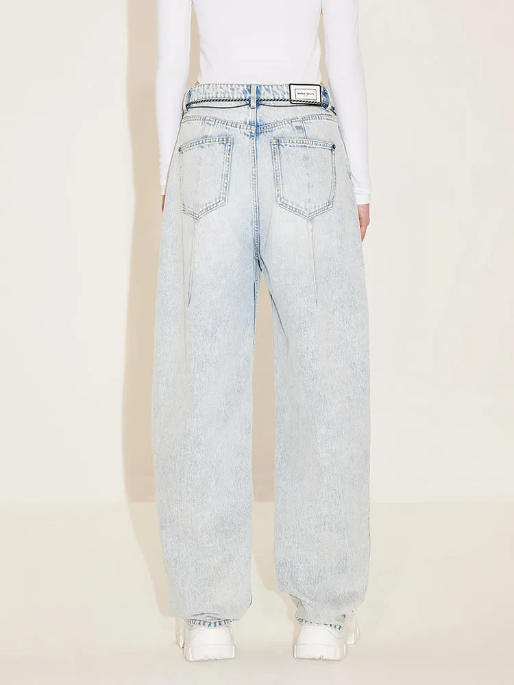 Light Blue Wash Loose Fit Jeans With Waist Chain