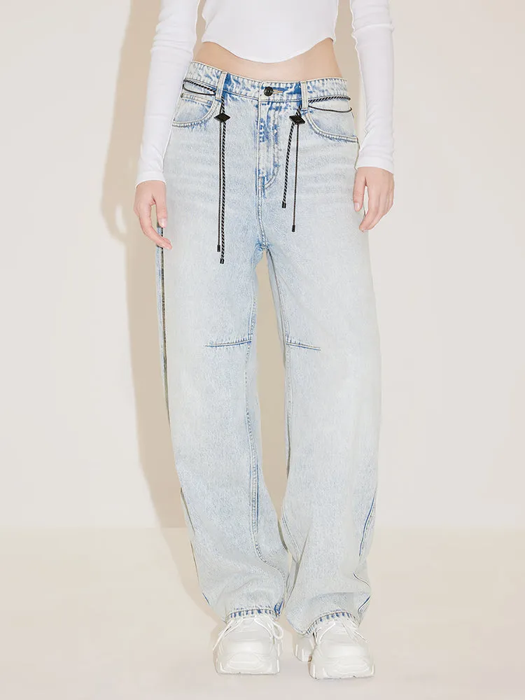 Light Blue Wash Loose Fit Jeans With Waist Chain