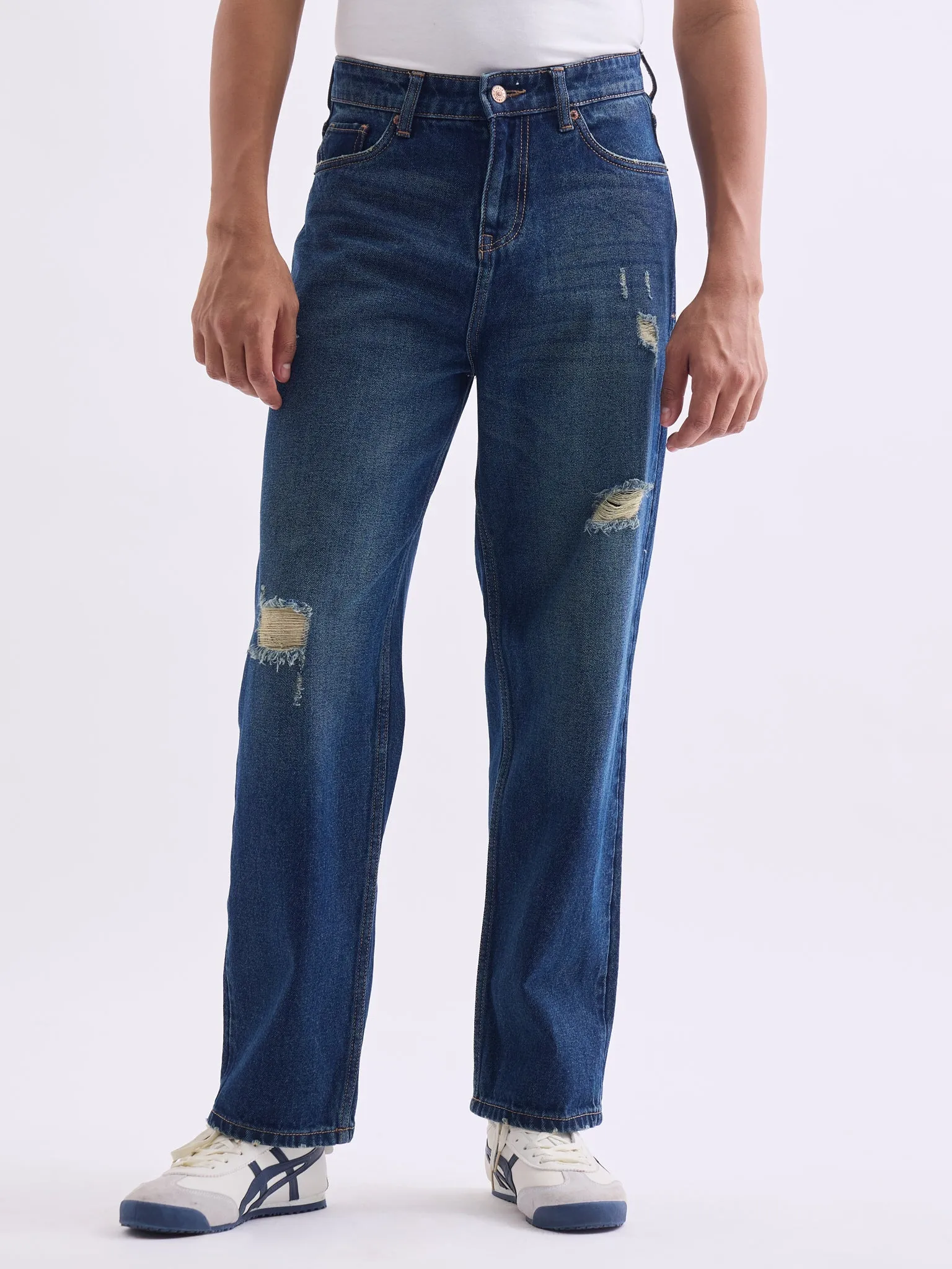 Loose Fit Distress Mid Blue Jeans