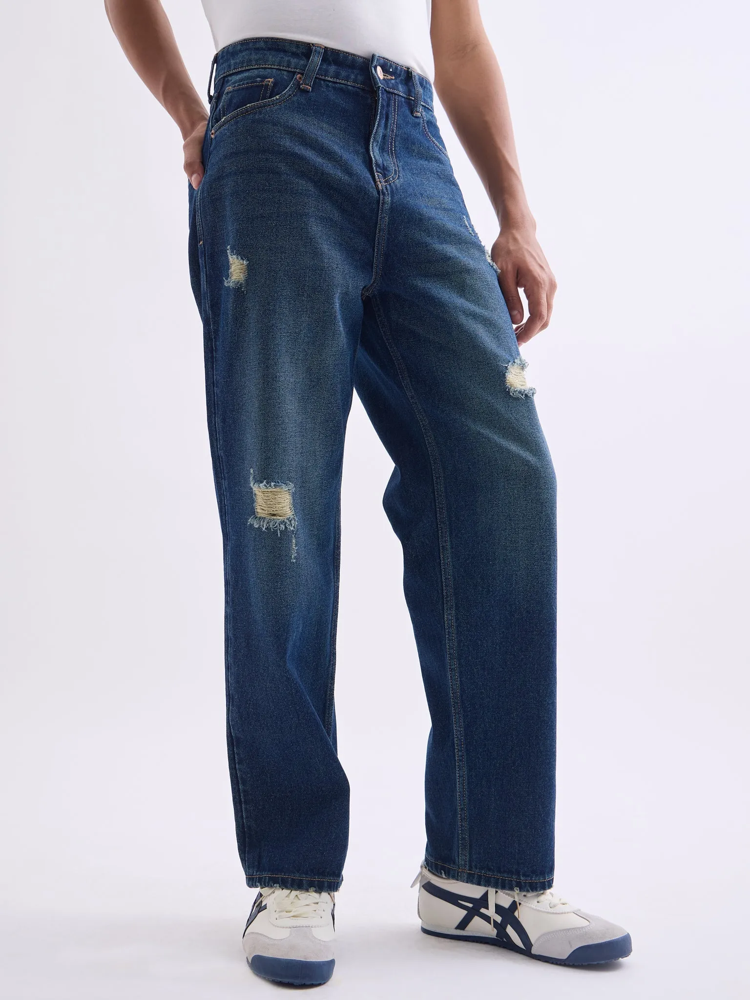 Loose Fit Distress Mid Blue Jeans