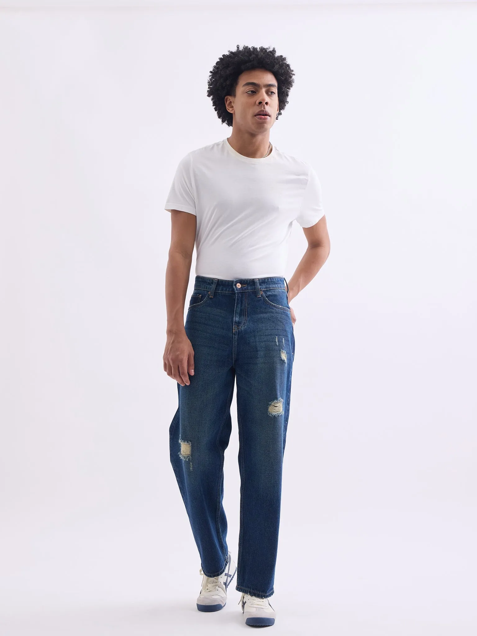 Loose Fit Distress Mid Blue Jeans