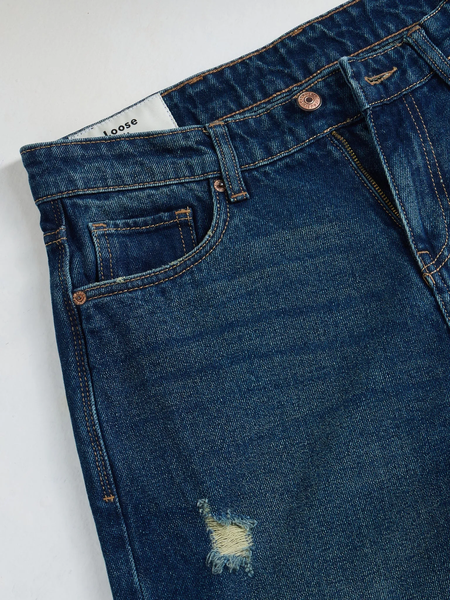 Loose Fit Distress Mid Blue Jeans