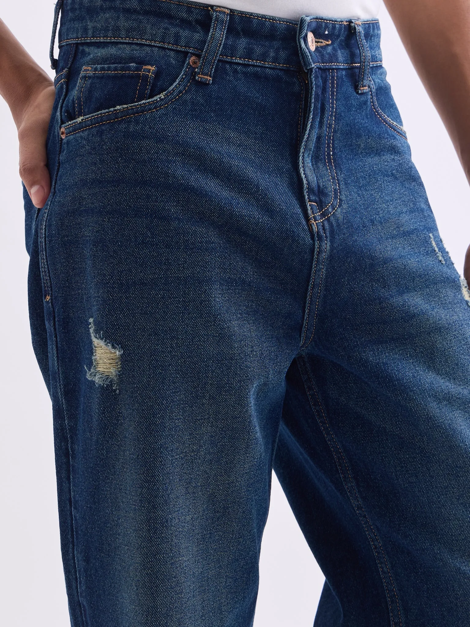 Loose Fit Distress Mid Blue Jeans