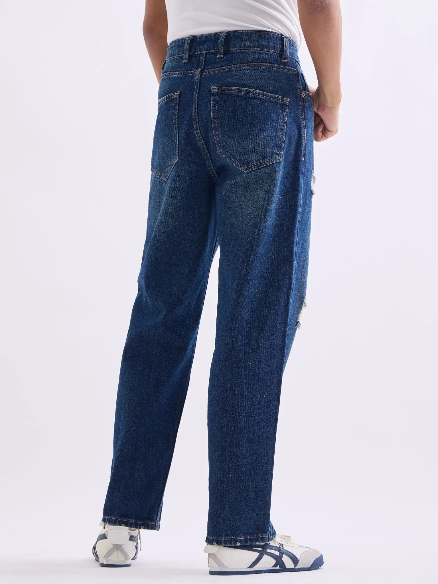 Loose Fit Distress Mid Blue Jeans