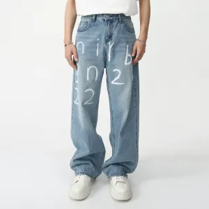 Loose-fit statement digital print wide-leg mopping jeans