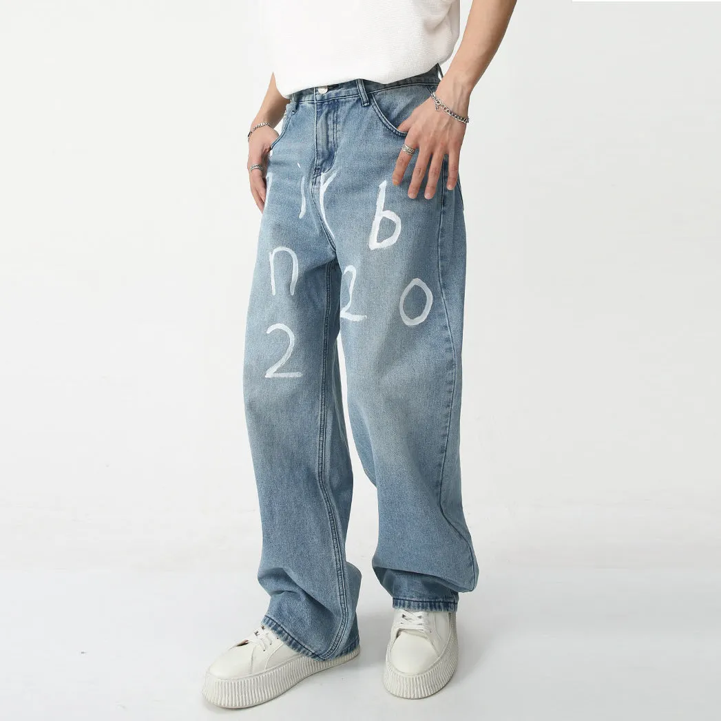 Loose-fit statement digital print wide-leg mopping jeans