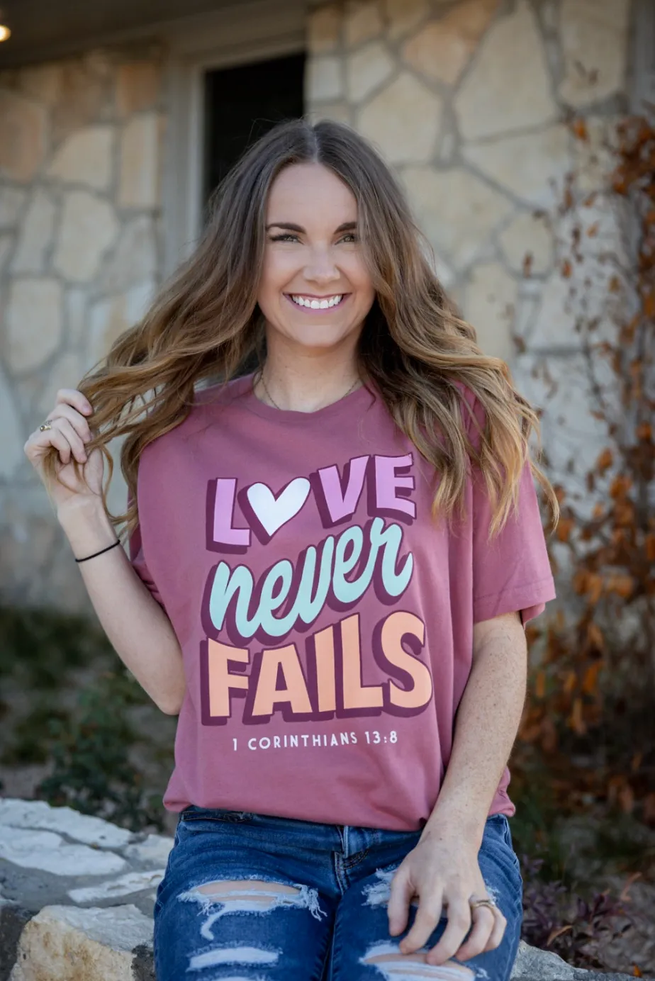 Love Never Fails - Short Sleeve (Mauve Berry) Graphic Tee
