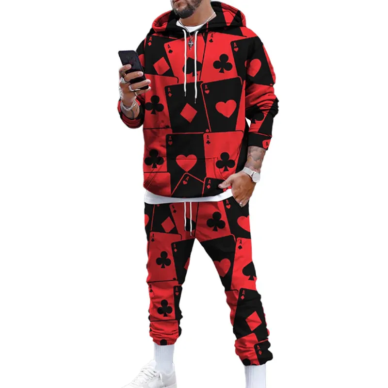 Men's fashionable poker print hoodie and trousers two-piece set