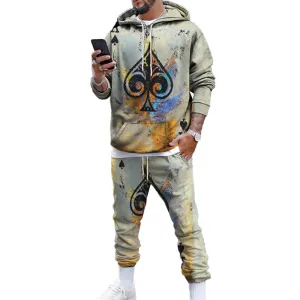 Men's fashionable poker print hoodie and trousers two-piece set