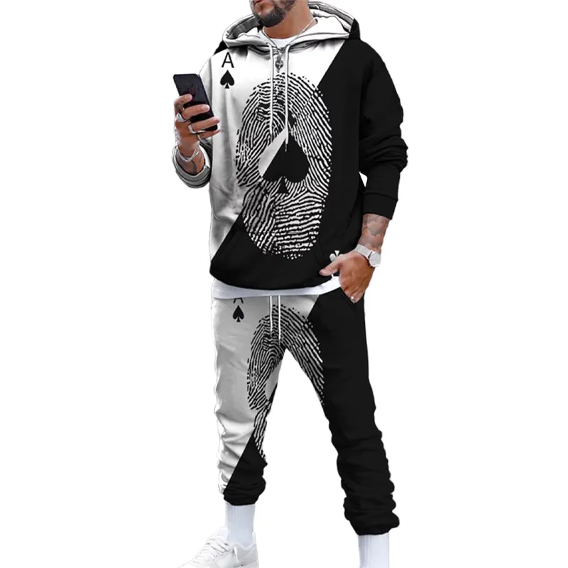 Men's fashionable poker print hoodie and trousers two-piece set