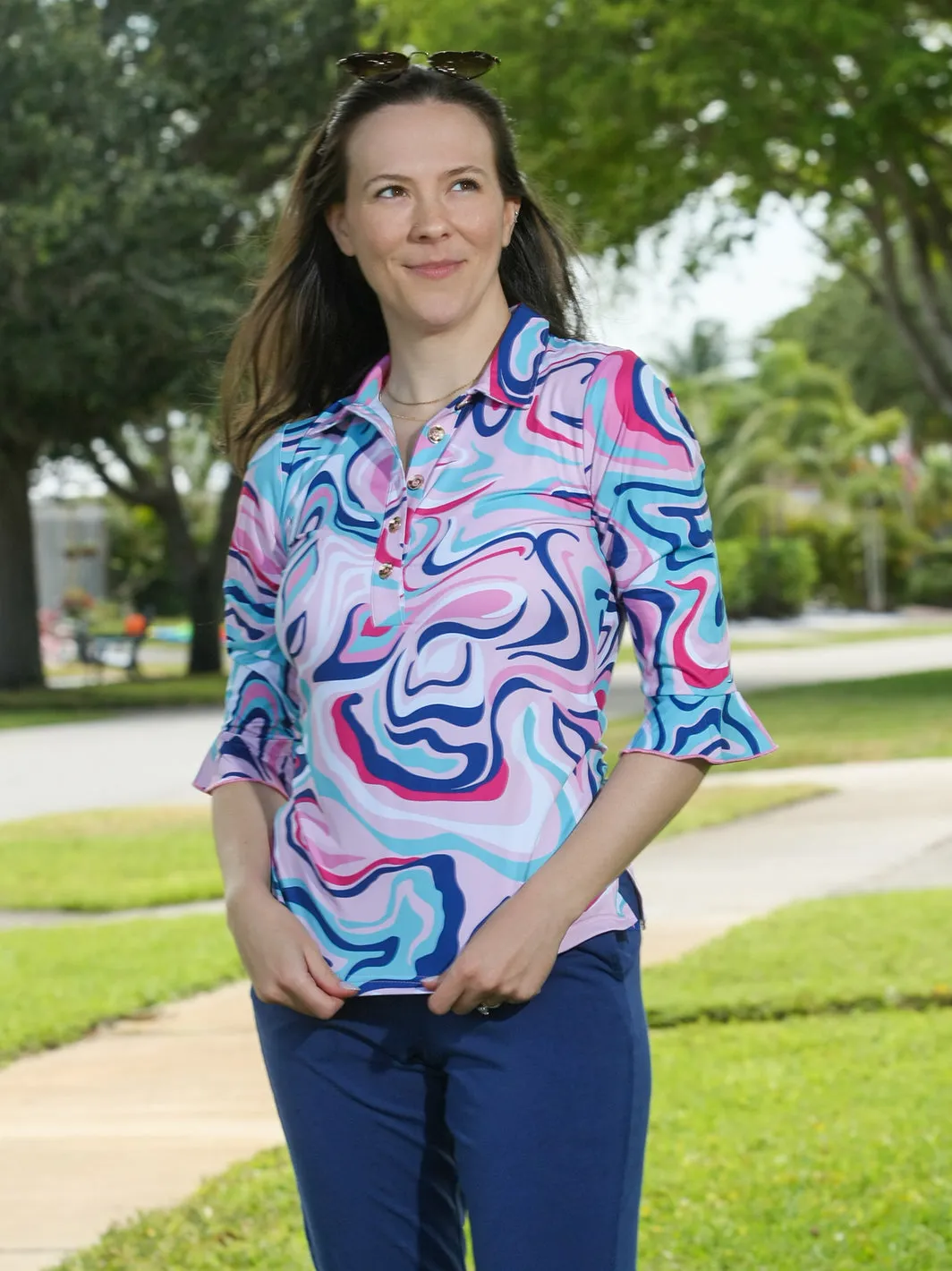 Mira Flounce Sleeve Polo Top Catalina