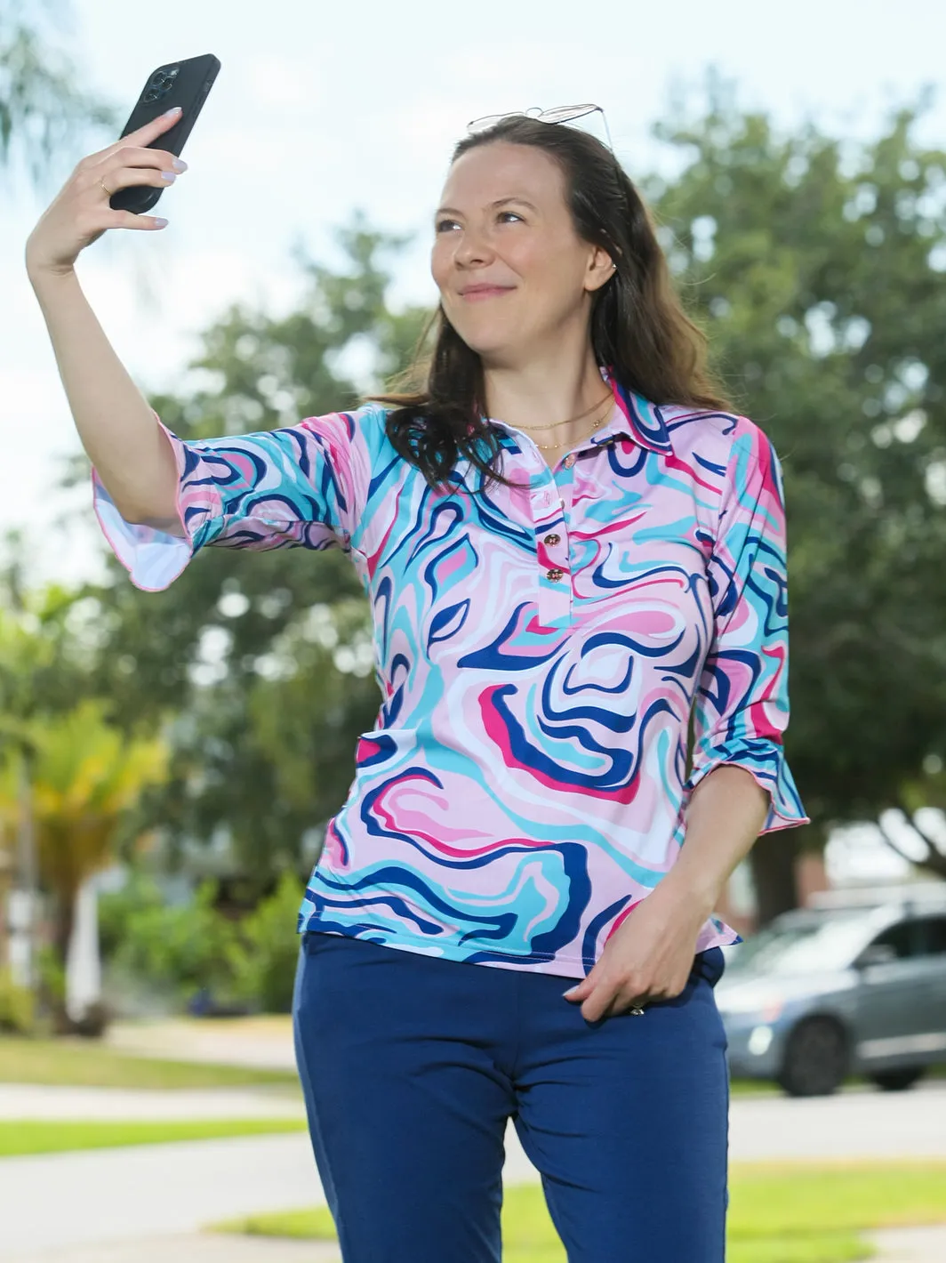 Mira Flounce Sleeve Polo Top Catalina