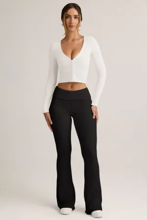 Modal Ribbed Foldover Flared Trousers in Black