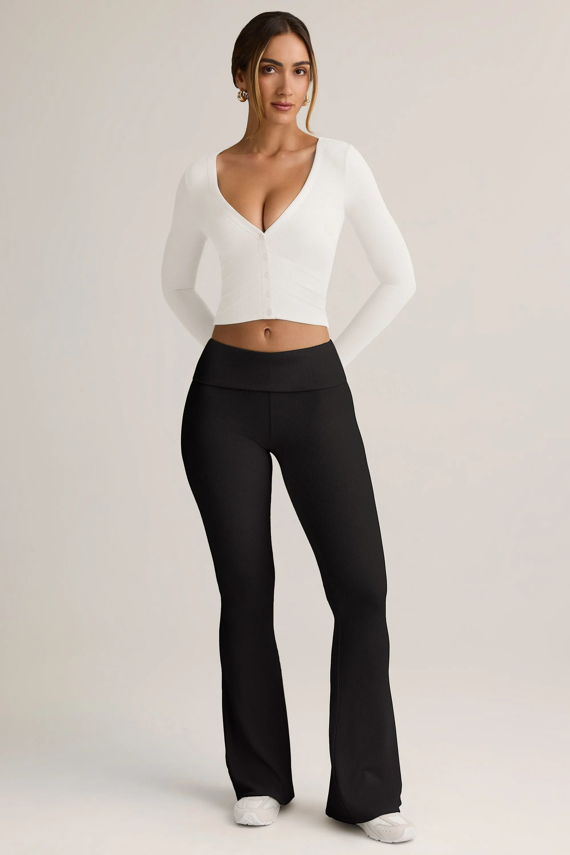 Modal Ribbed Foldover Flared Trousers in Black