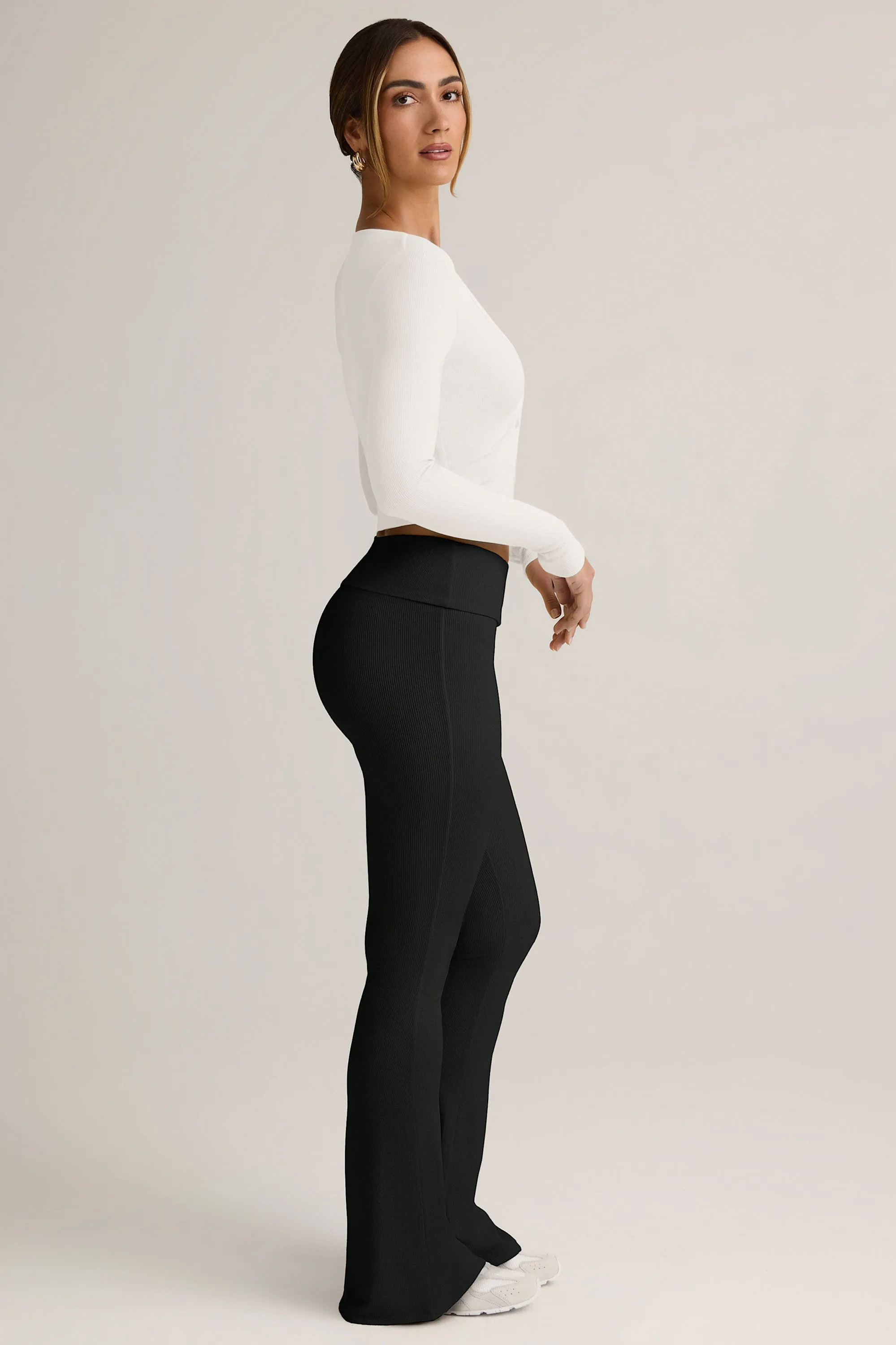 Modal Ribbed Foldover Flared Trousers in Black